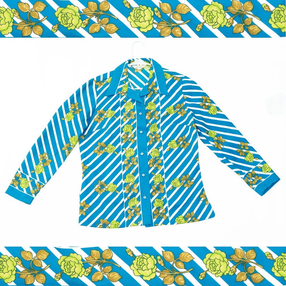 Groovy Bold Colorful 70s Vintage Blue Stripe Green Roses Alex Colman Blouse